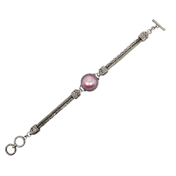 Sterling Silver Pink Mabe Pearl Chain Bracelet #21169 - Picture 4 of 10